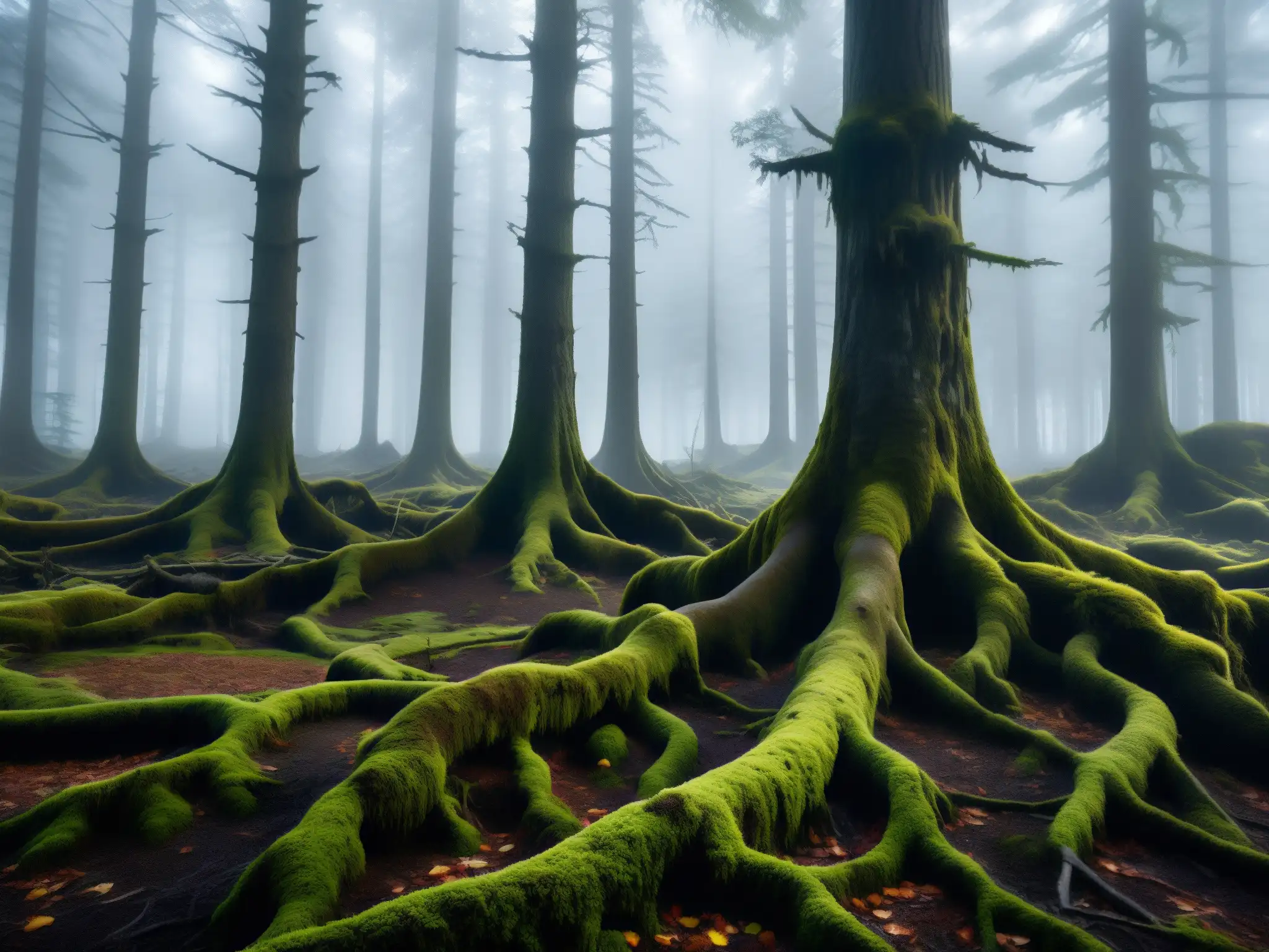 Un bosque siniestro y enigmático, con árboles cubiertos de musgo y una atmósfera misteriosa