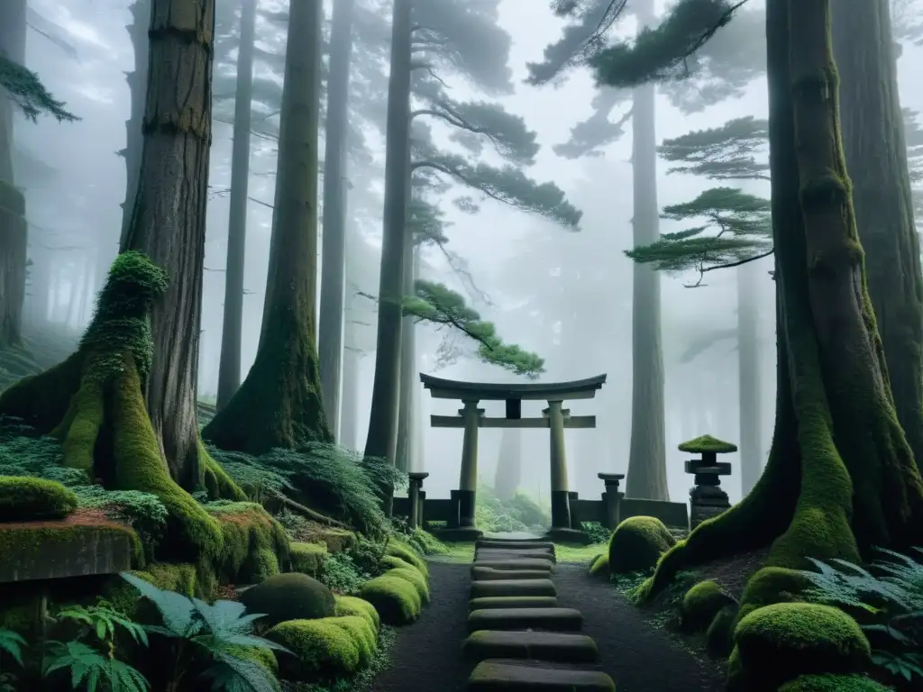 Un bosque sombrío y misterioso al anochecer en Japón rural