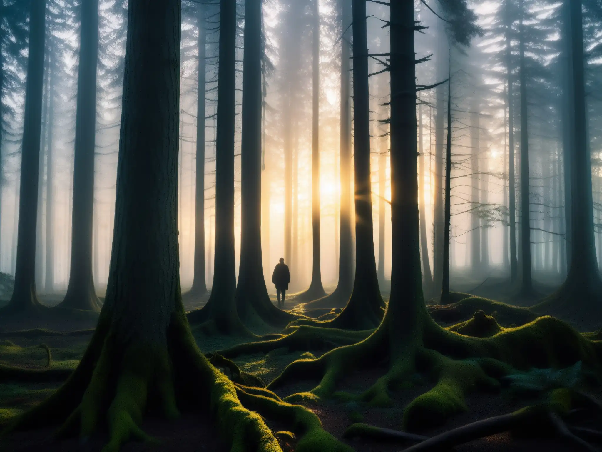 Un bosque sombrío al anochecer con silueta misteriosa evocando la verdad detrás del Chupacabra