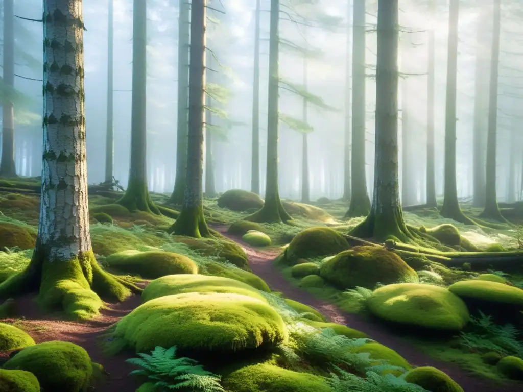 Un bosque sueco misterioso con pinos, musgo verde, sendero borroso y luz dorada