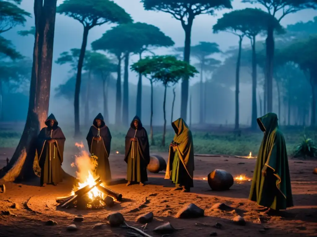 Un bosque tanzano remoto iluminado por la luna, con figuras misteriosas alrededor de un fuego