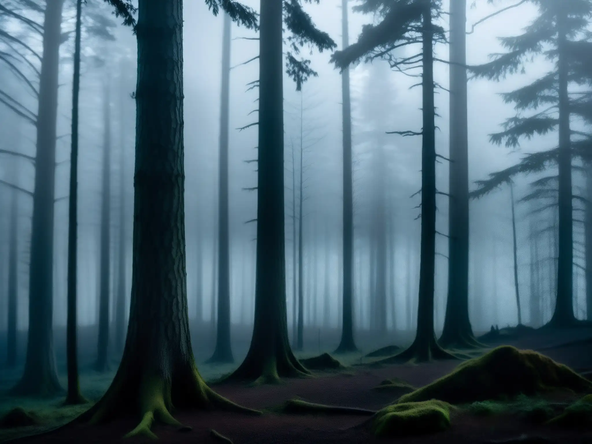 Un bosque tenebroso al anochecer con árboles sombríos y una figura fantasmal