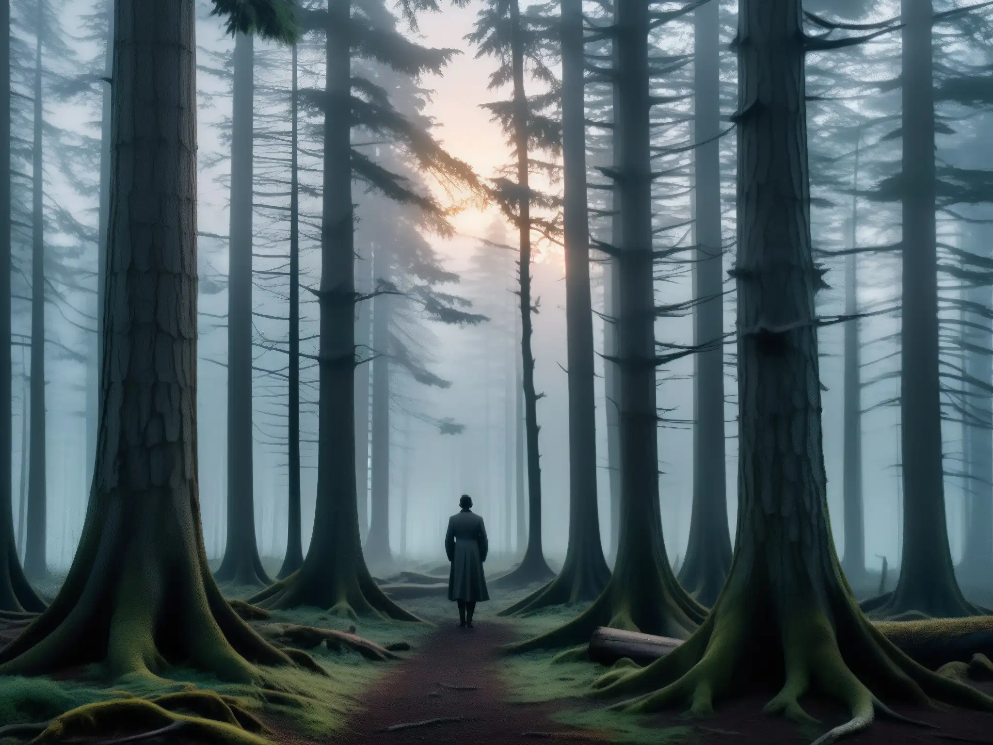 Un bosque tenebroso y brumoso al atardecer, con árboles retorcidos y una figura esbelta entre las sombras