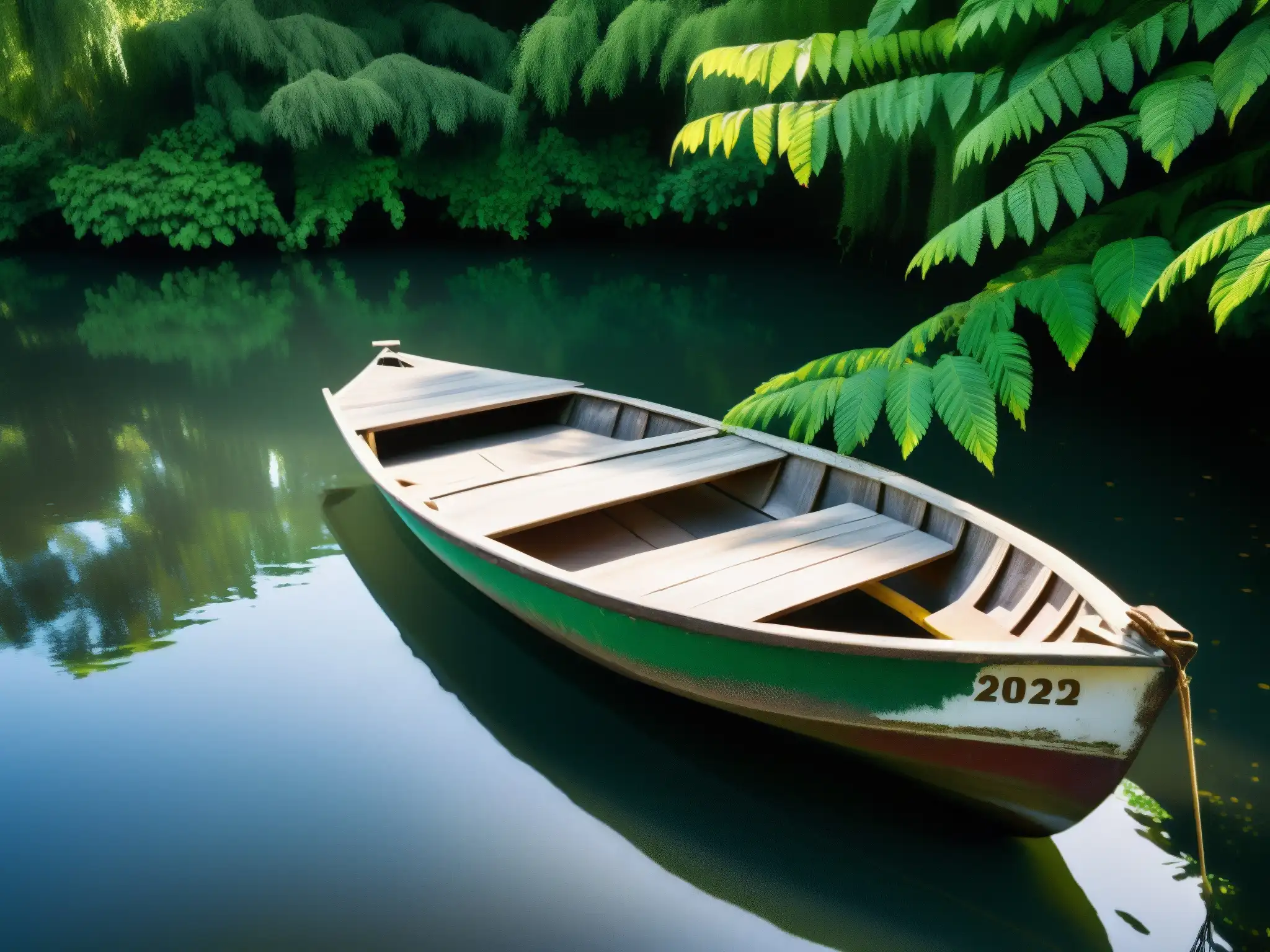 Un bote antiguo y desgastado flota en las tranquilas aguas de Tlalpan, rodeado de exuberante vegetación