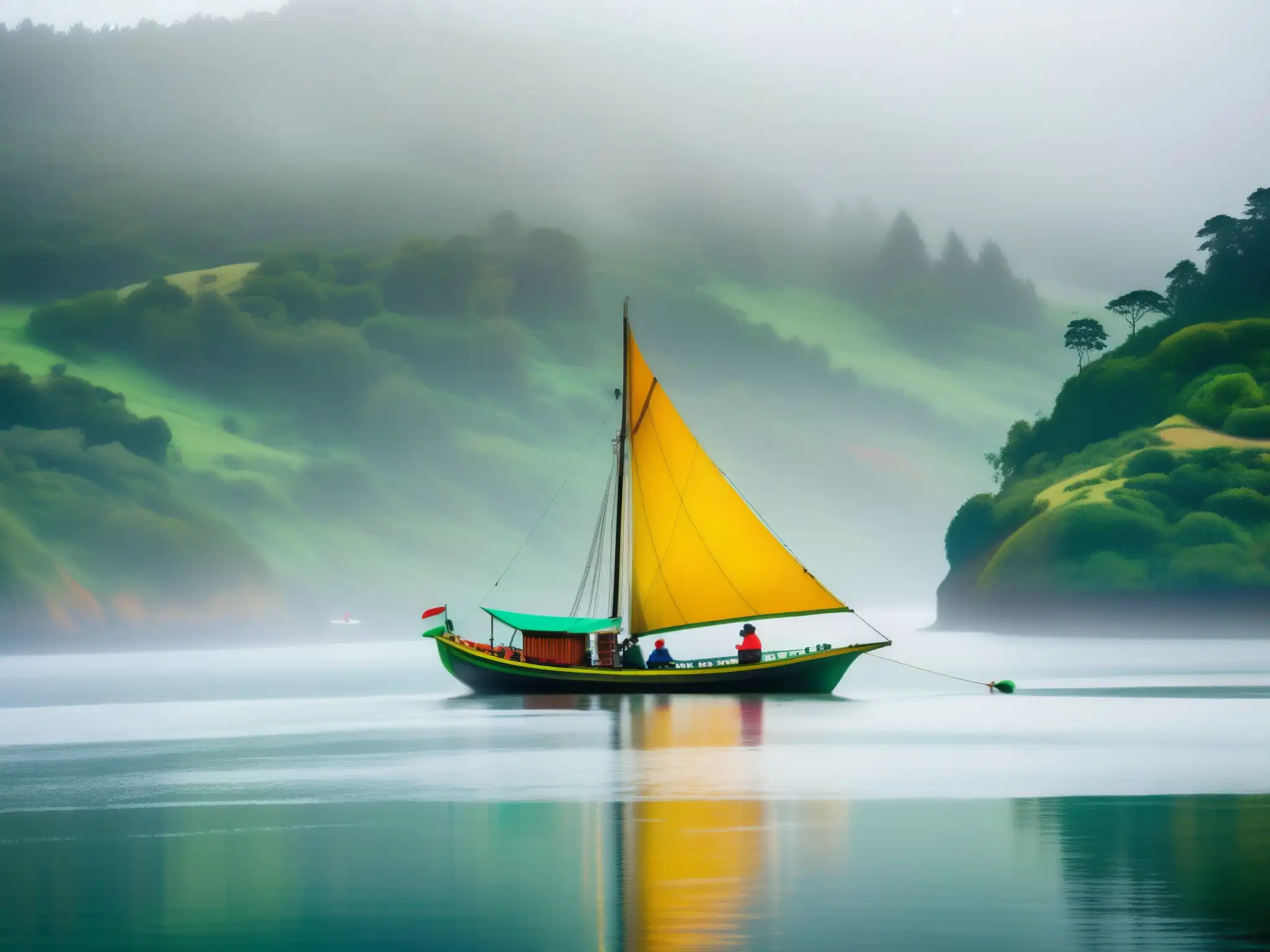 Bote Chilote tradicional navega en aguas neblinosas de la Isla de Chiloé, rodeado de vegetación exuberante y mitología chilena Basilisco Chilote