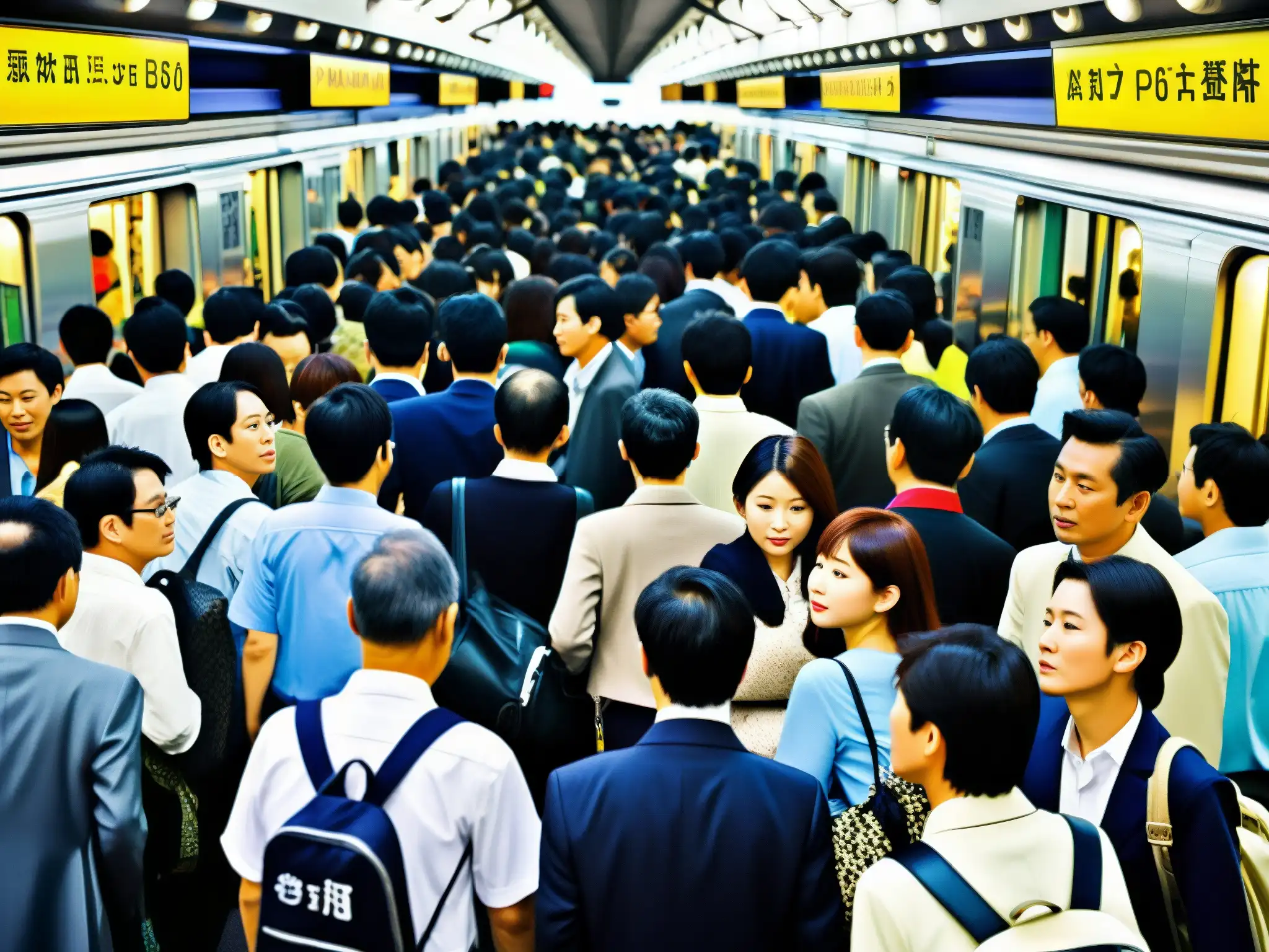 El bullicio del metro de Tokio durante la hora pico, con una multitud de pasajeros en las plataformas y trenes