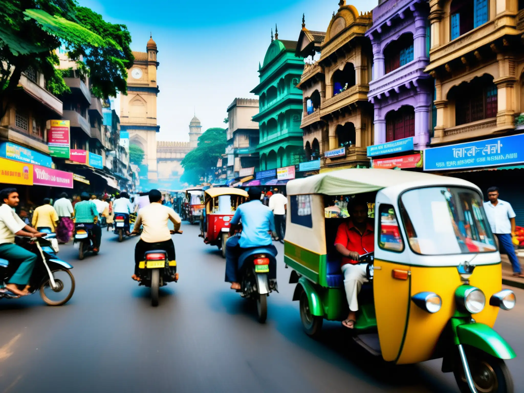 Una bulliciosa calle de Bombay, India, llena de colores vibrantes y elementos tradicionales y modernos como rickshaws, motocicletas y peatones