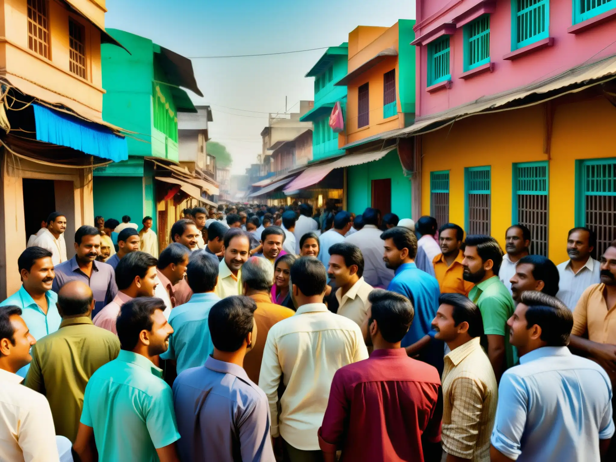 Una bulliciosa calle de una ciudad india, con edificios coloridos y personas inmersas en actividades culturales y sociales
