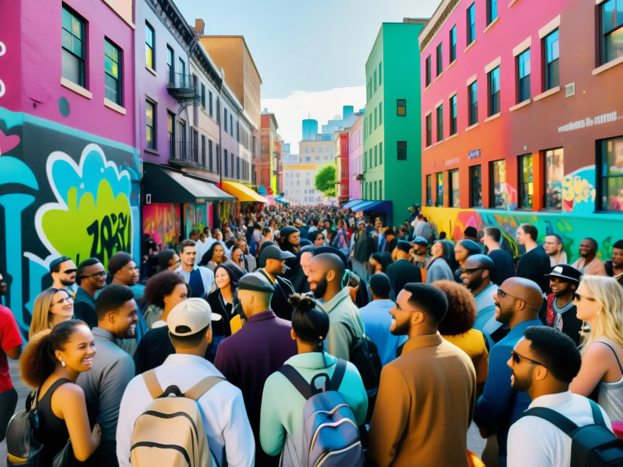 Una bulliciosa calle de la ciudad llena de gente conversando animadamente, con grafitis coloridos en las paredes