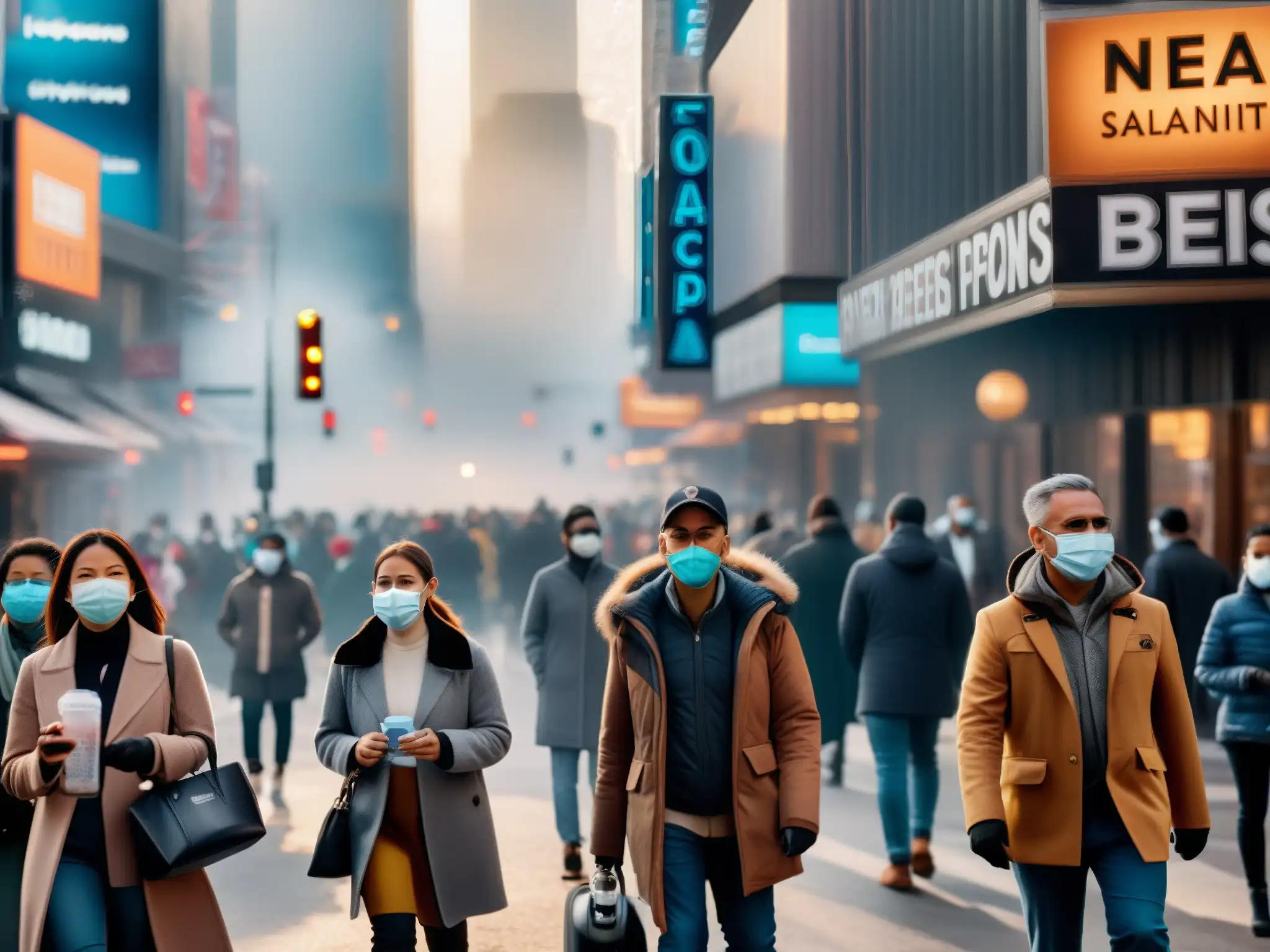 Una bulliciosa calle de la ciudad con personas usando mascarillas, estaciones de desinfectante de manos y carteles sobre prevención de enfermedades