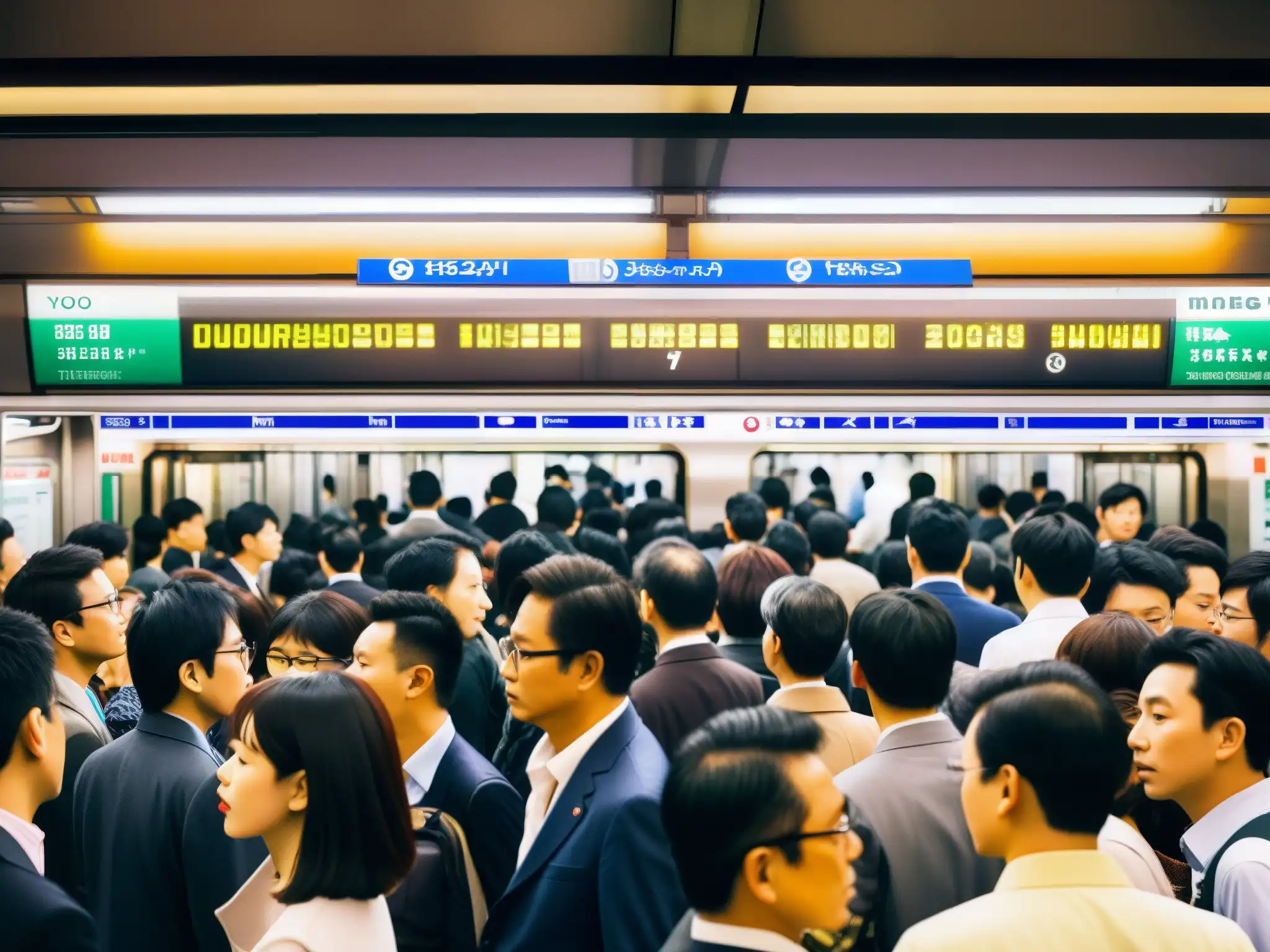 Una bulliciosa estación del metro de Tokio durante la hora pico, con pasajeros esperando en el andén y pantallas mostrando horarios de trenes