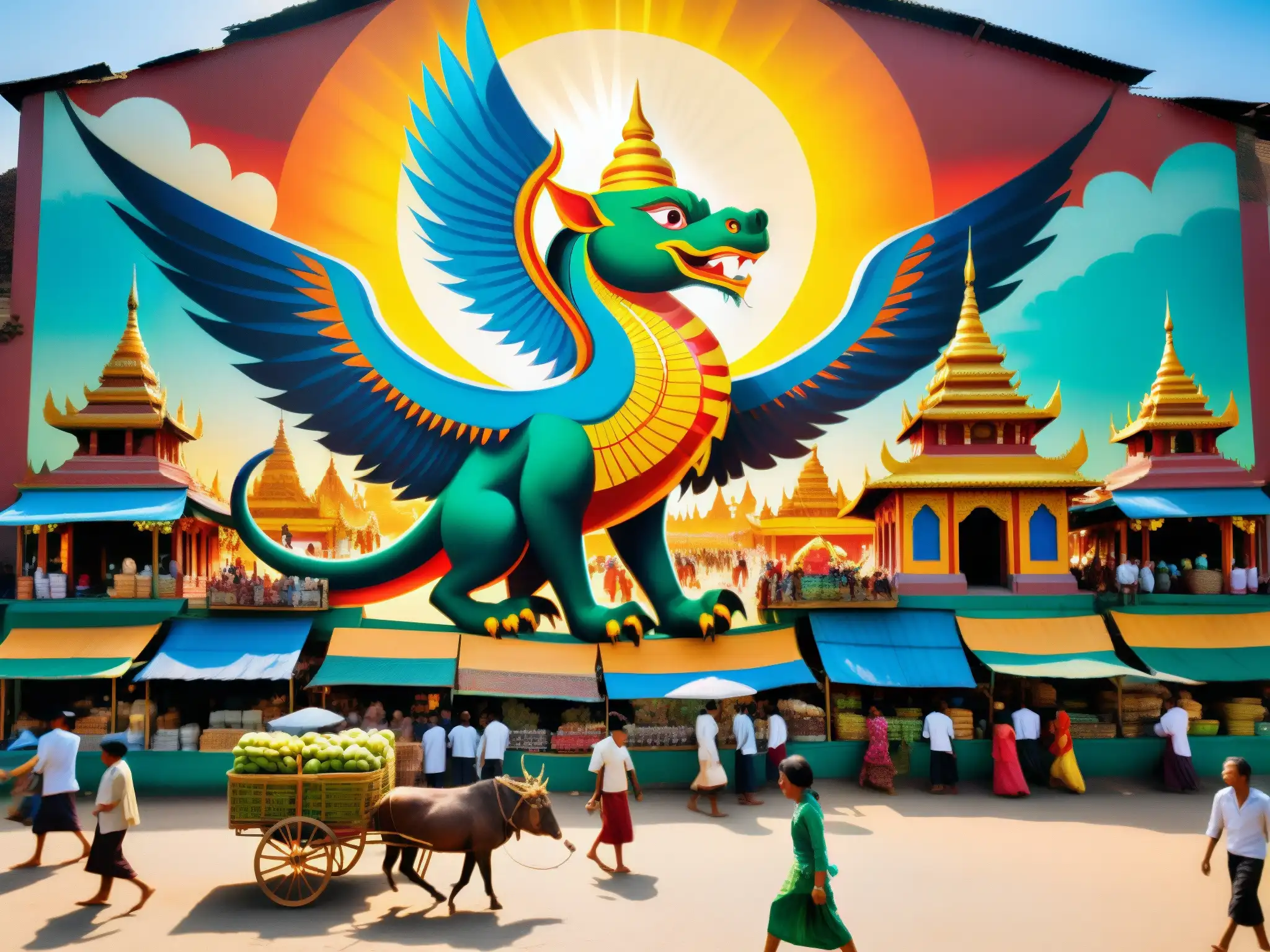 Una bulliciosa feria en Myanmar, con colores vibrantes y una pintoresca representación de 'La bestia alada en Myanmar'