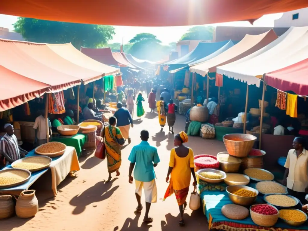 Una bulliciosa plaza africana con colores vibrantes, textiles intrincados y personas diversas en animadas conversaciones y transacciones