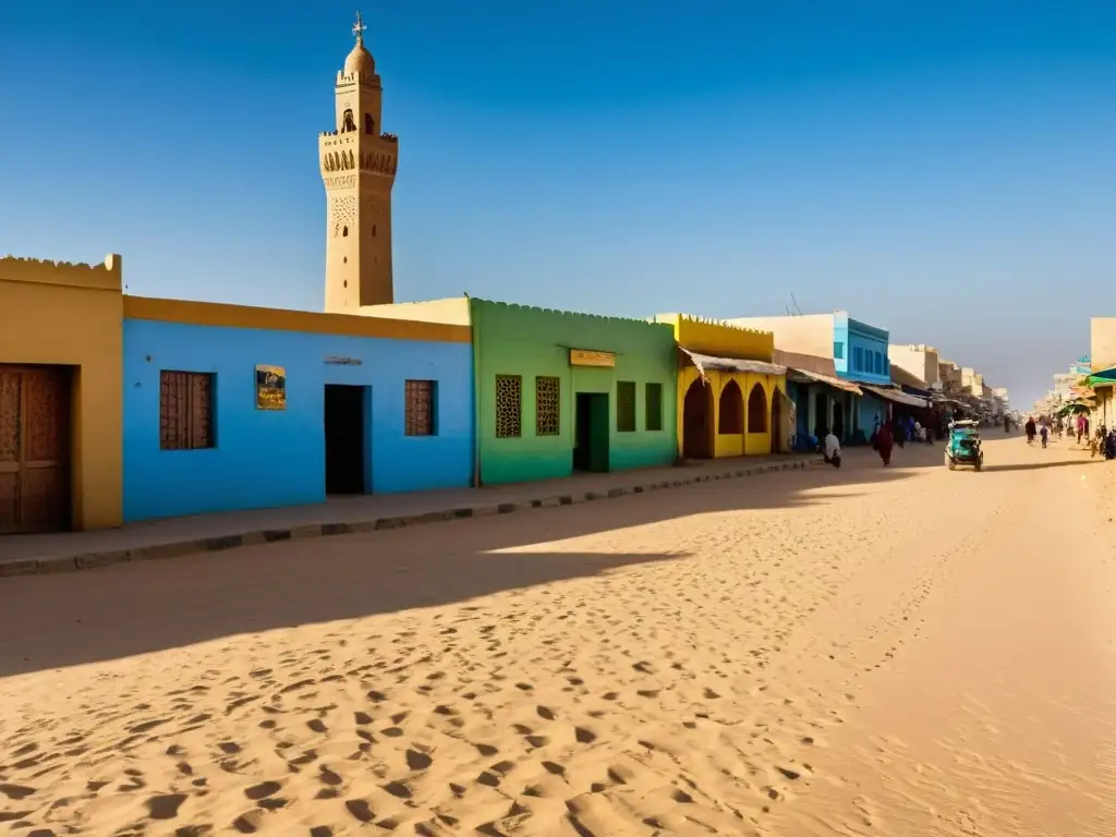 Un bullicioso callejón en Nouakchott, Mauritania, con tiendas coloridas y personas en sus actividades diarias