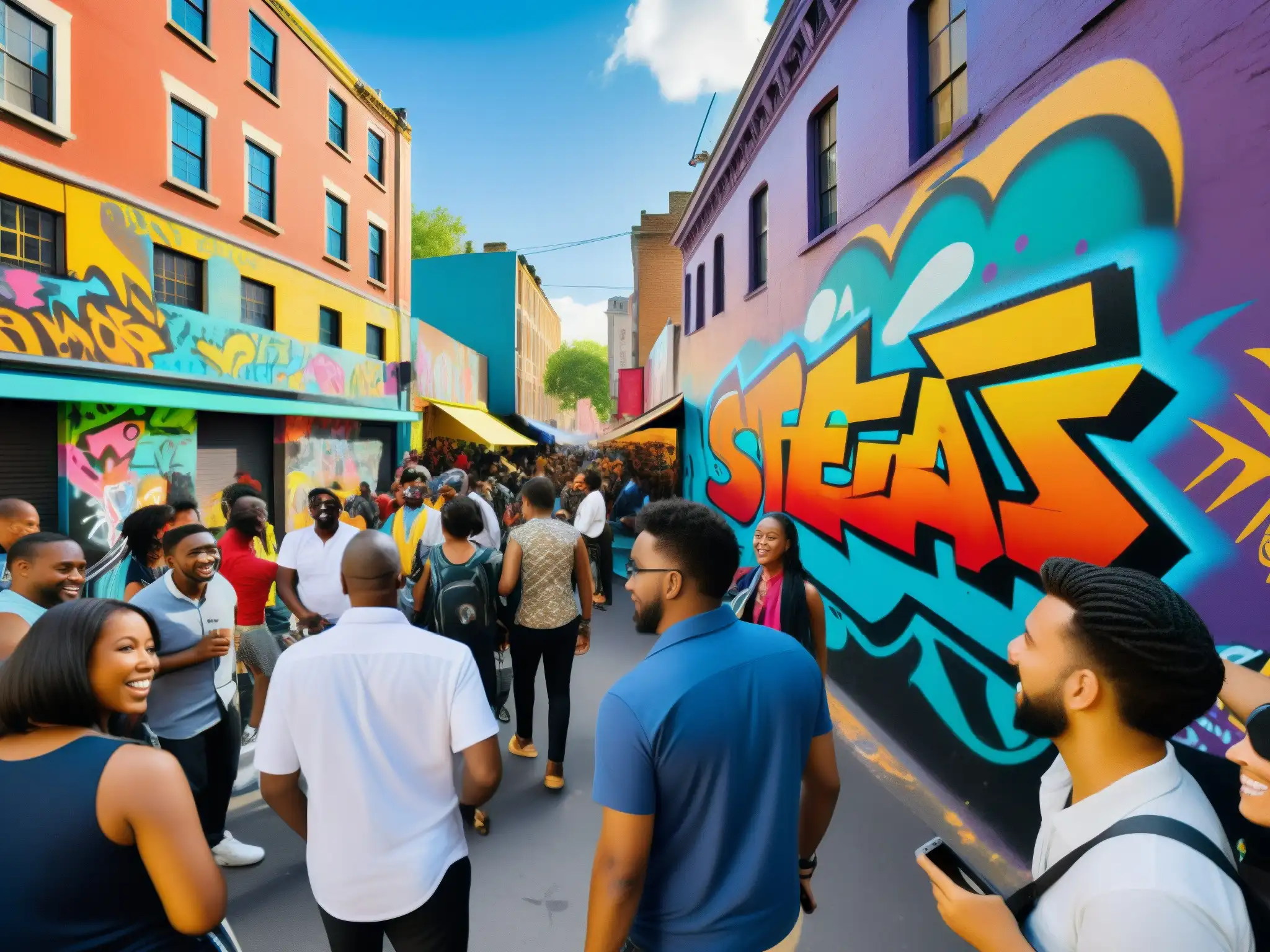 Un bullicioso y colorido escenario urbano donde la gente comparte leyendas urbanas, creando una atmósfera vibrante y llena de energía