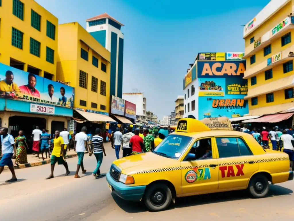 Un bullicioso escenario urbano en Accra, Ghana, con un taxi amarillo vintage lleno de grafitis y pegatinas