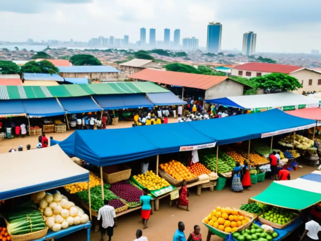 Un bullicioso mercado en Abidjan, Costa de Marfil, con colores vibrantes, frutas exóticas y el paisaje urbano