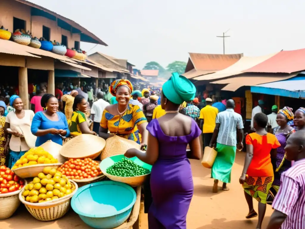 Un bullicioso mercado en Benín, con colores vibrantes y una amplia variedad de productos