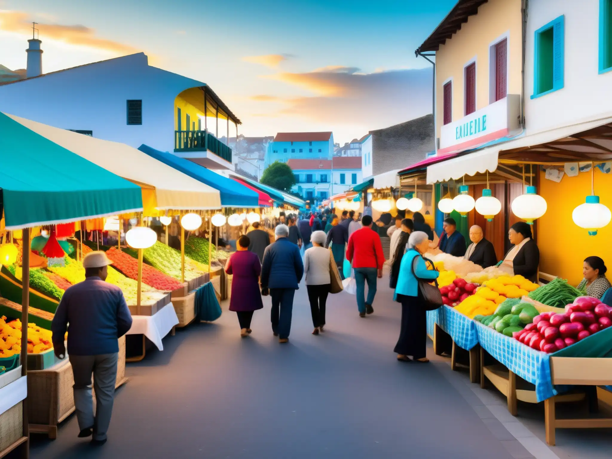 Un bullicioso mercado callejero en una ciudad costera con puestos coloridos que venden artesanías, comida local y productos hechos a mano