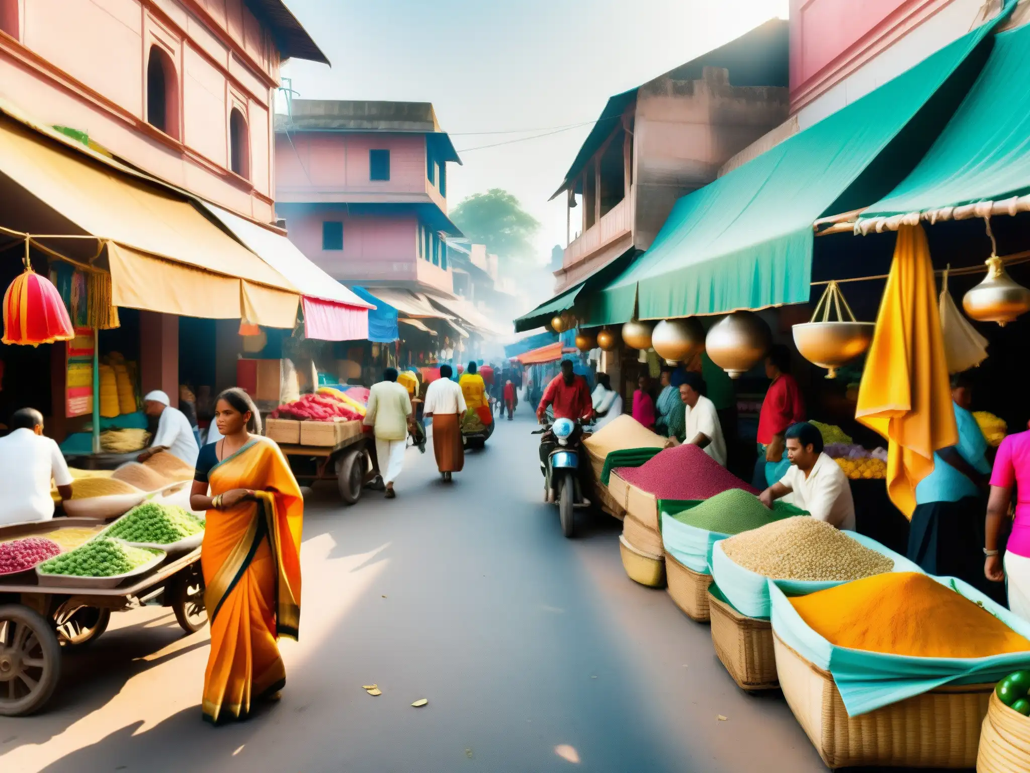 Un bullicioso mercado callejero en la India, con saris de seda colgando, vendedores de especias y lugareños