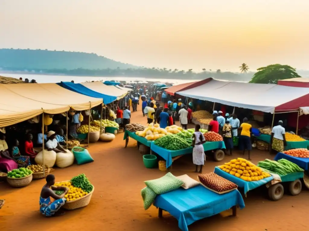 Un bullicioso mercado en Conakry, Guinea, con vendedores de textiles, productos frescos y artesanías bajo la luz dorada del atardecer