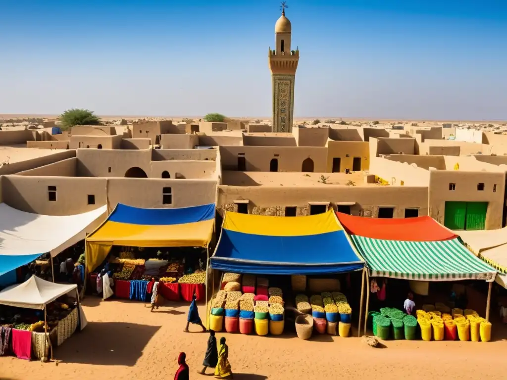 Un bullicioso mercado en Nouakchott, Mauritania, donde vendedores ofrecen telas coloridas, artesanías y productos frescos bajo el sol del desierto