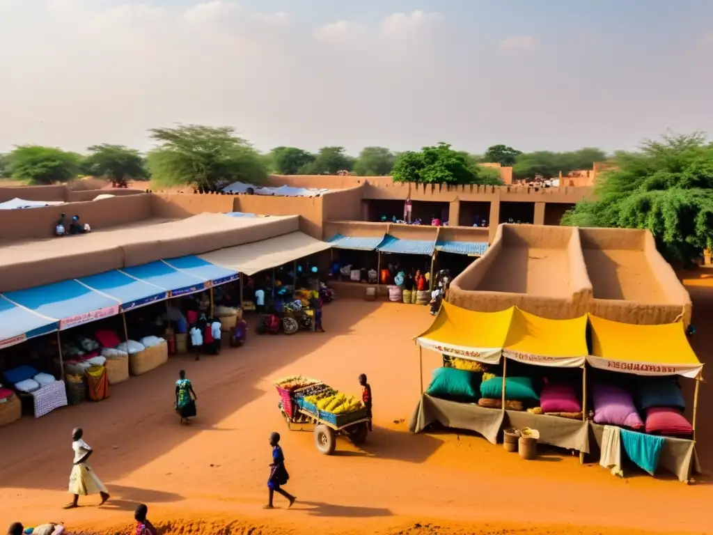 Un bullicioso mercado en Ouagadougou, Burkina Faso, con puestos coloridos y vendedores animados, rodeado de edificios de barro y textiles vibrantes