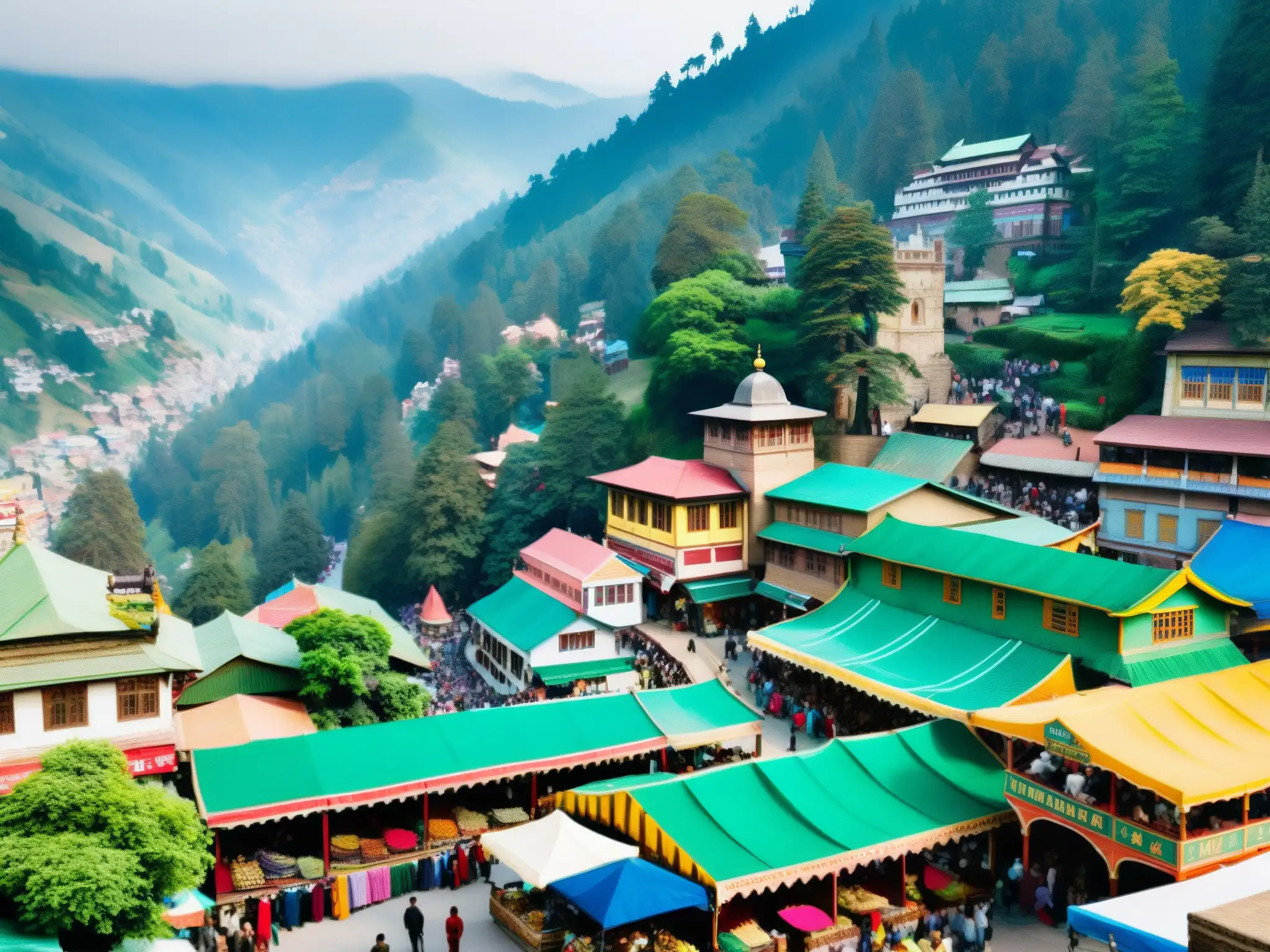 Un bullicioso pasaje en Shimla, India, lleno de puestos de mercado vibrantes y edificios coloridos
