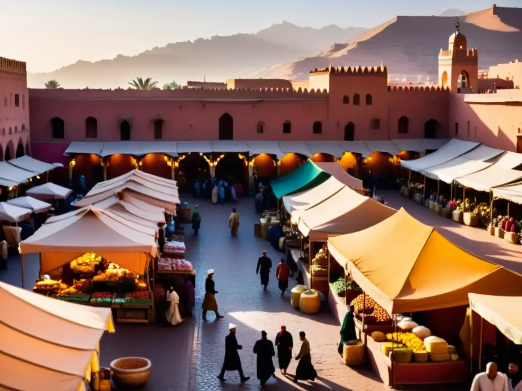 Un bullicioso zoco en Marrakech, colores vibrantes y arquitectura marroquí