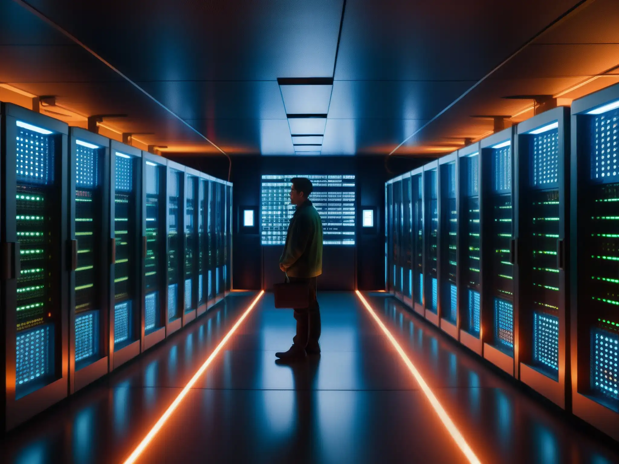 En un búnker subterráneo iluminado tenue, figuras sombrías trabajan en computadoras mientras cables conectan servidores