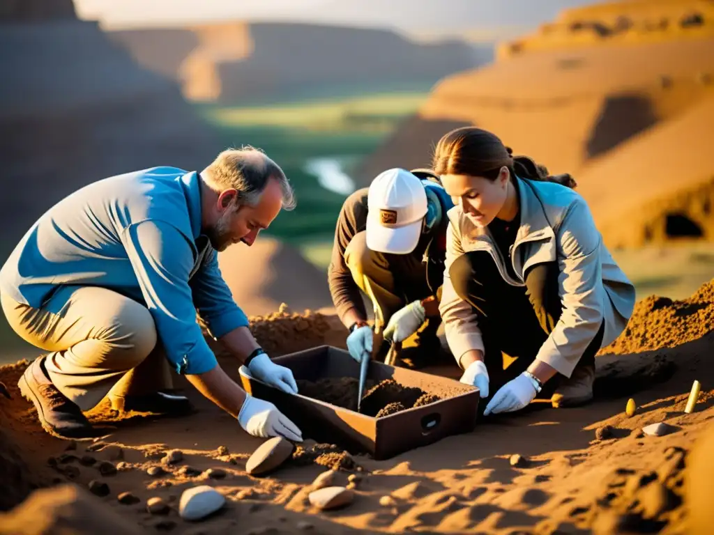 Búsqueda de la tumba de Ragnar Lothbrok: equipo de arqueólogos excavando con cuidado, rodeados de misterio al amanecer