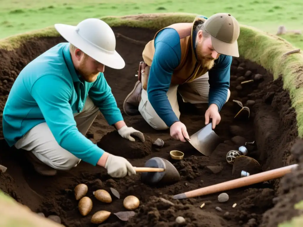 Búsqueda de la tumba de Ragnar Lothbrok: equipo arqueológico desenterrando restos vikingos con misterio y emoción histórica
