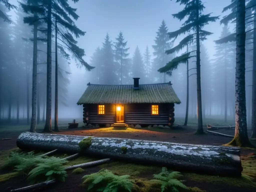 Una cabaña finlandesa en un claro del bosque, con una atmósfera misteriosa y la sensación de apariciones fantasmales en la cultura finlandesa