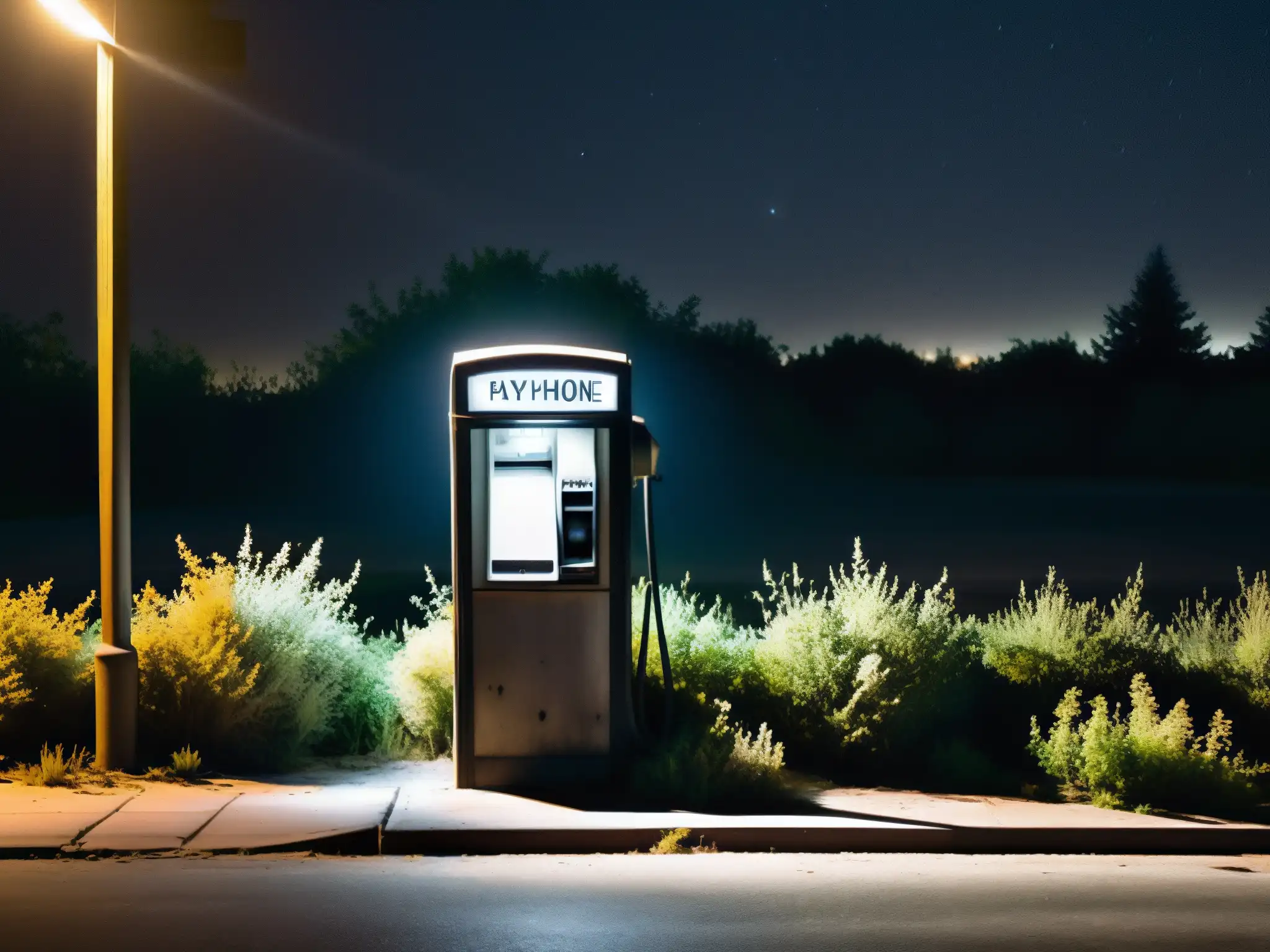 Una cabina telefónica abandonada en una calle desolada de noche