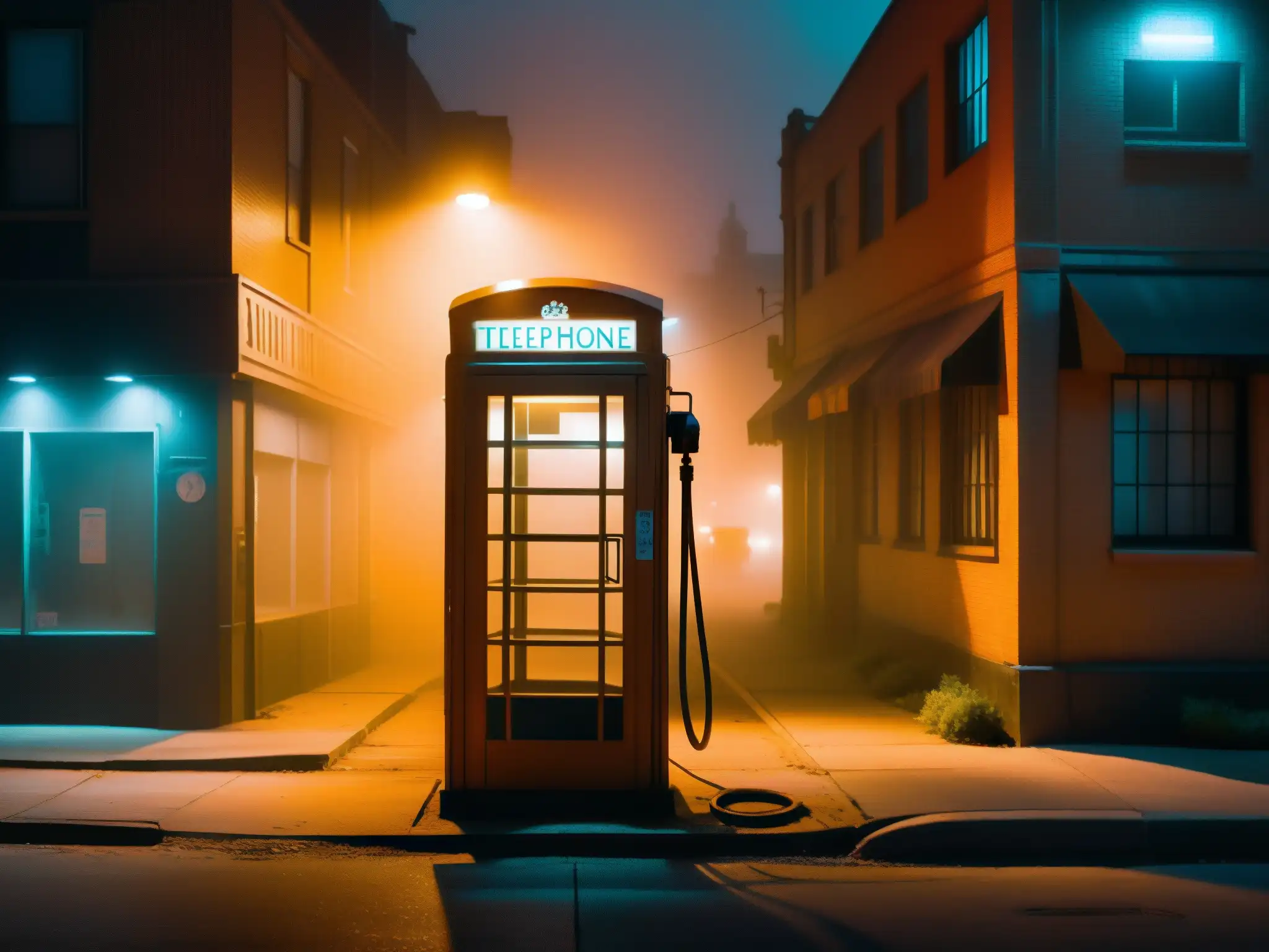 Una cabina telefónica abandonada en una calle desolada envuelta en niebla, con un tono naranja ominoso
