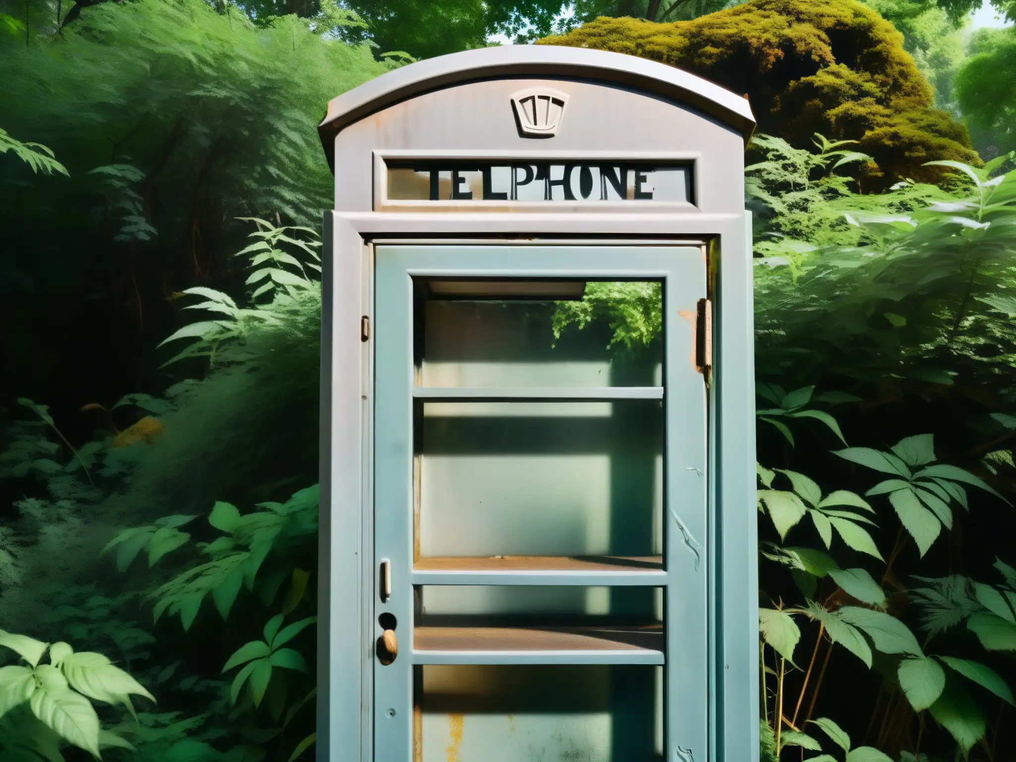 Una cabina telefónica antigua cubierta de graffiti y rodeada de vegetación, con un aire de misterio
