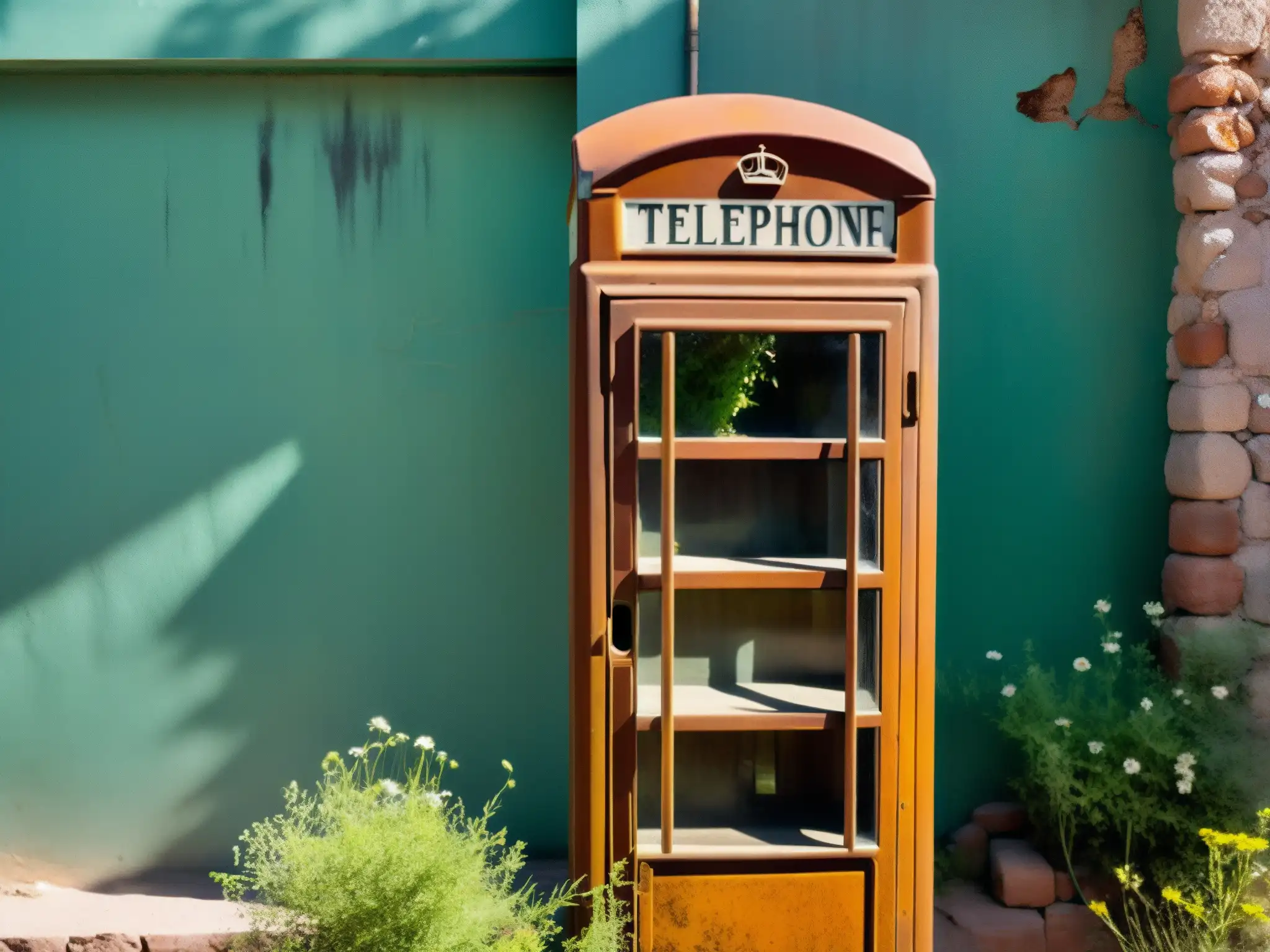 Una cabina telefónica antigua y desgastada en una calle desierta de Zacatecas