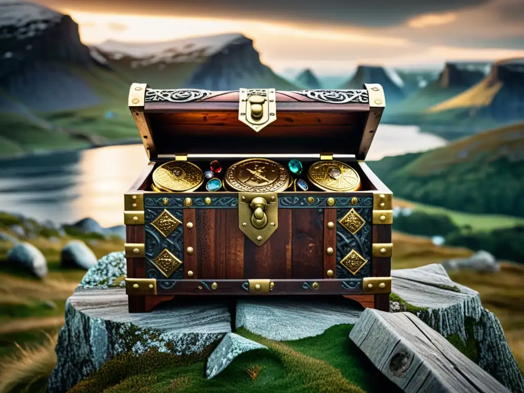 Una caja del tesoro vikinga con gemas y monedas de oro, iluminada por la suave luz del norte