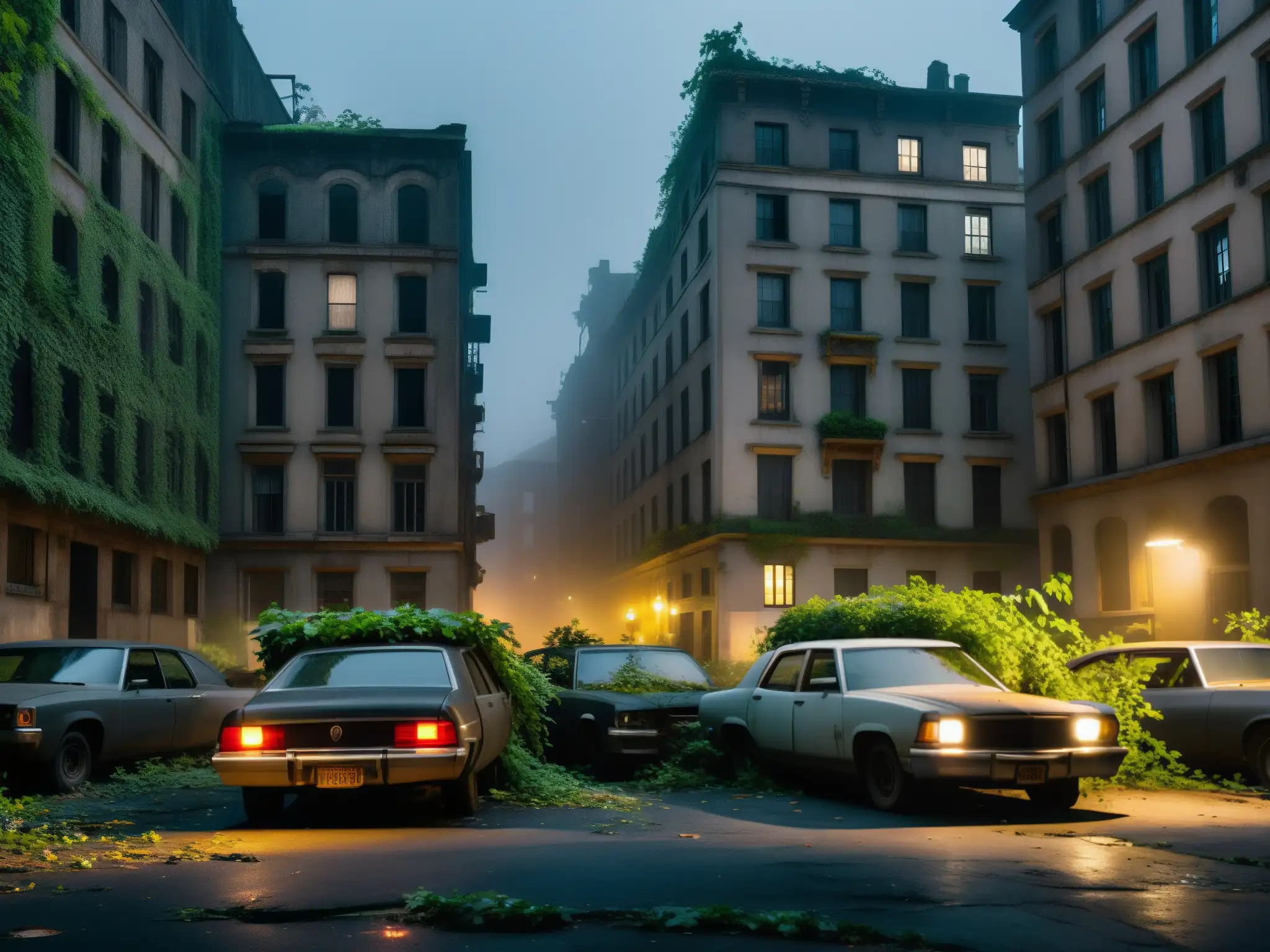 Una calle abandonada de una ciudad en la noche, con edificios en ruinas y plantas creciendo