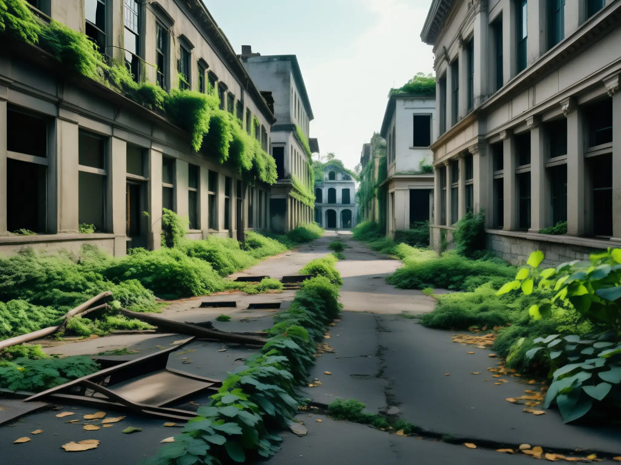 Una calle abandonada, invadida por la naturaleza, con edificios en ruinas
