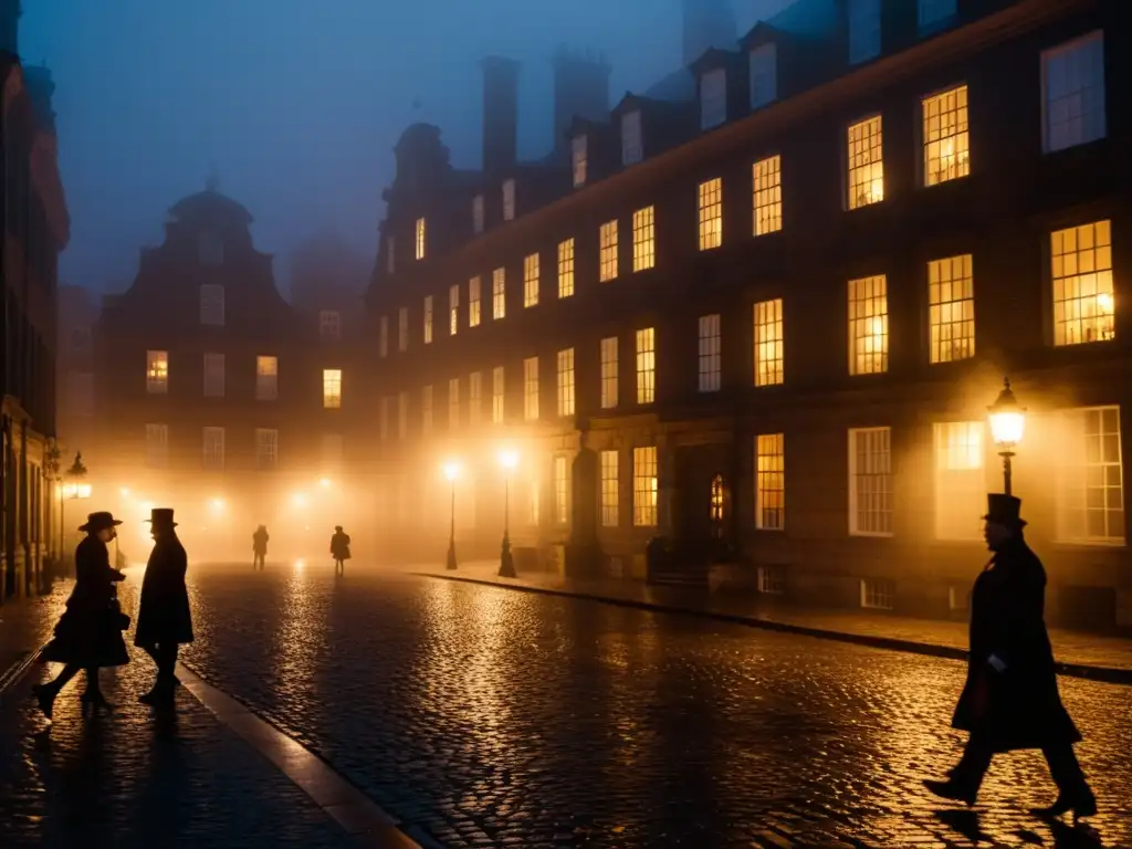 Una calle de adoquines iluminada por una tenue luz en la noche, con niebla alrededor de un edificio histórico