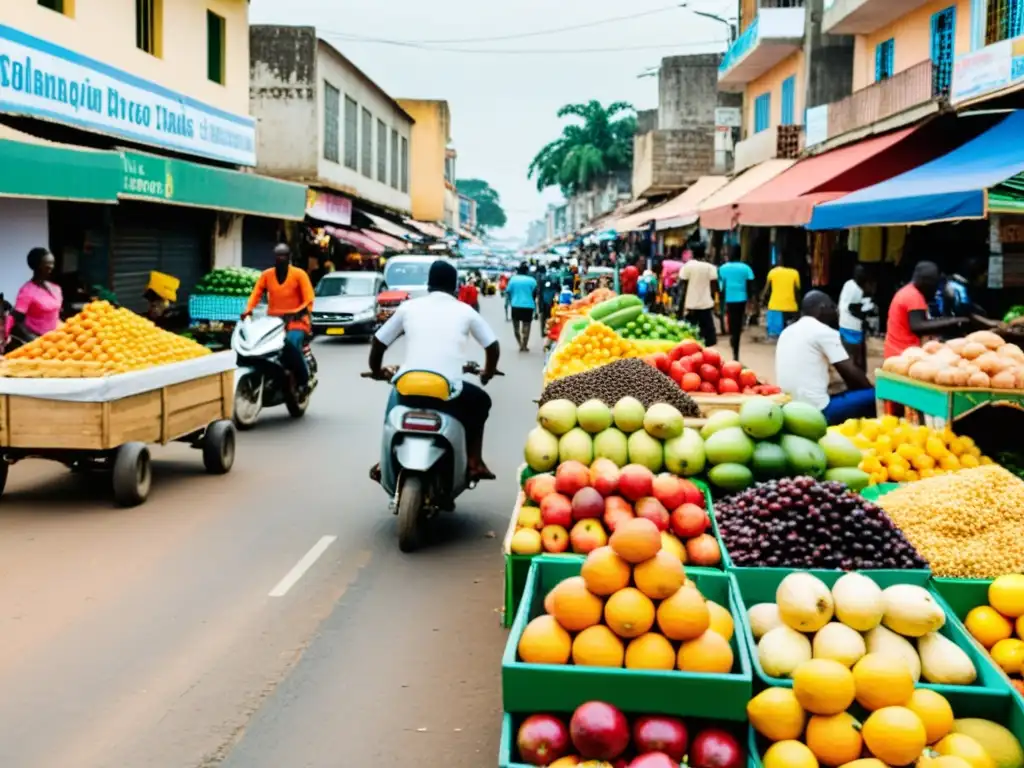 Una calle bulliciosa en Abiyán, Costa de Marfil, llena de puestos de mercado coloridos y peatones