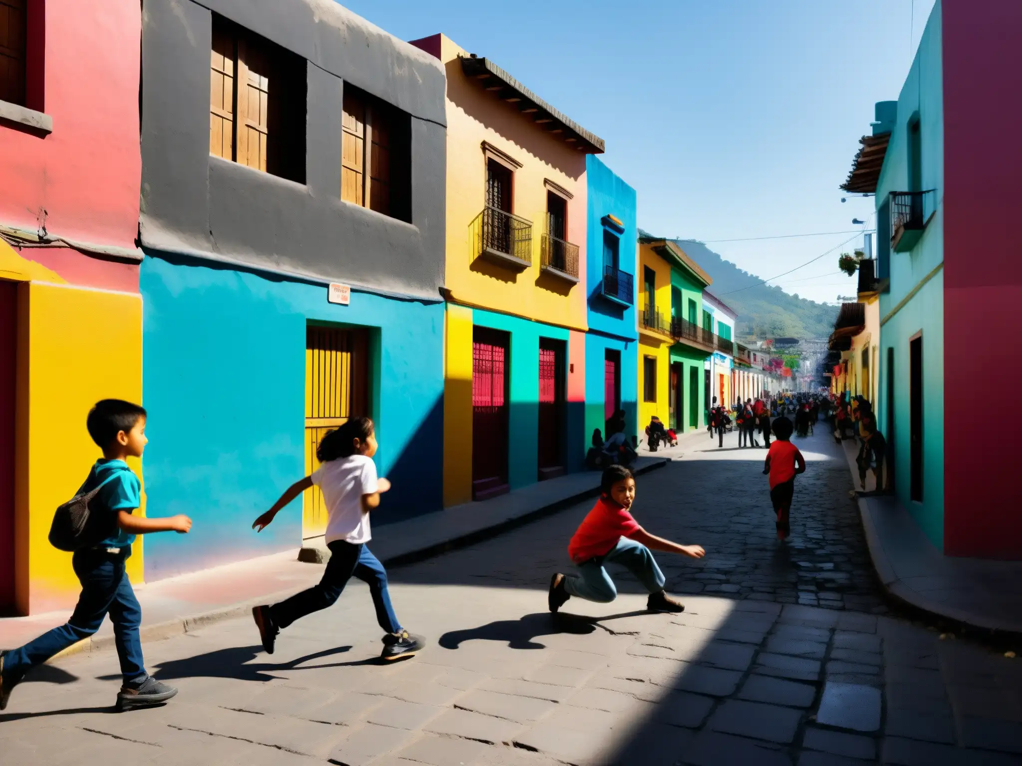 Una calle bulliciosa de la Ciudad de México, con edificios coloridos y murales vibrantes