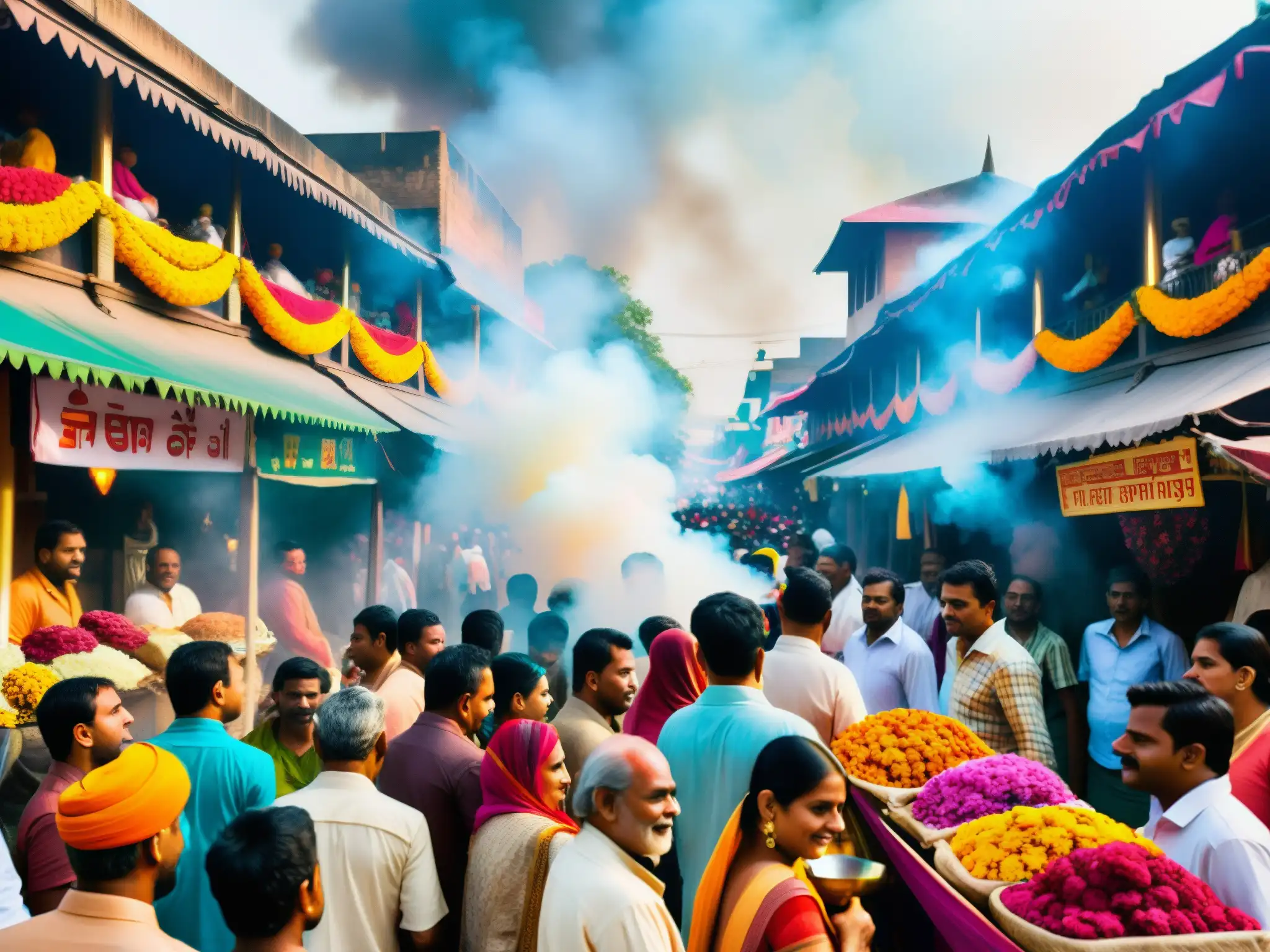 Una calle bulliciosa en la India, con rituales hindúes y coloridas ofrendas