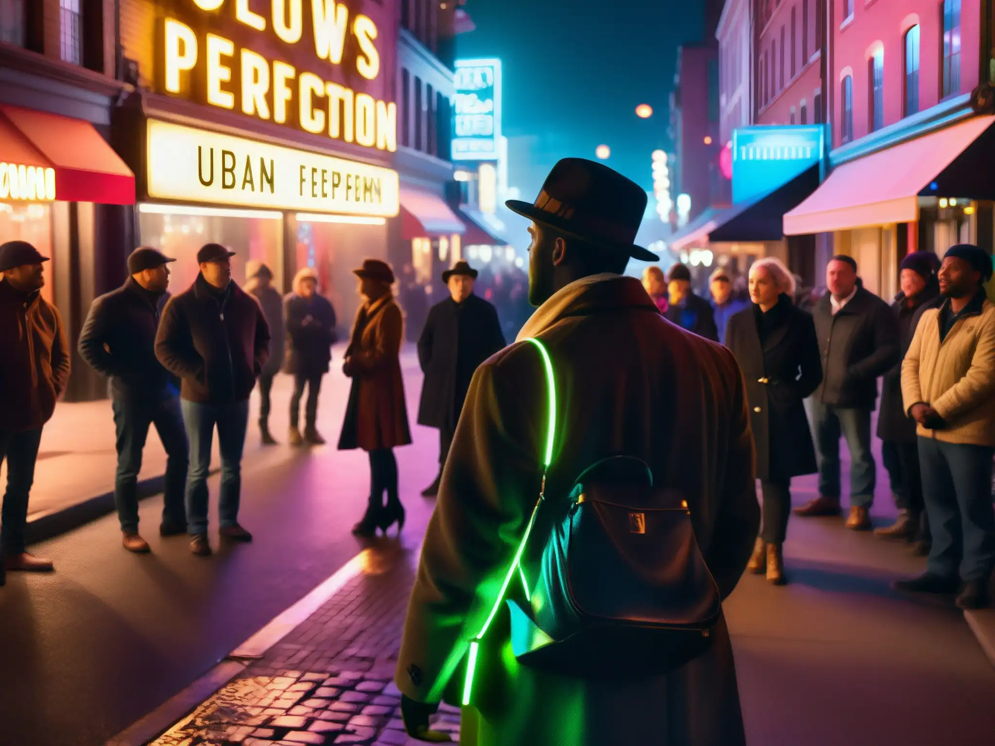 Una calle bulliciosa y tenue de la ciudad de noche, con figuras sombrías reunidas alrededor de un artista callejero contando una cautivadora leyenda urbana