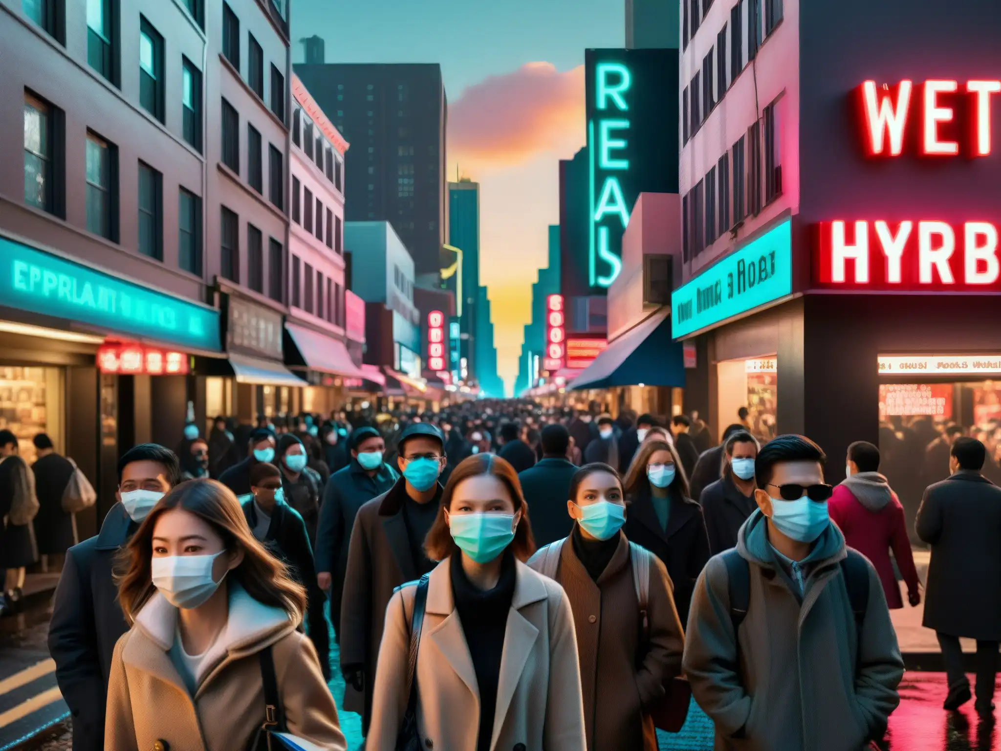 Una calle de ciudad abarrotada con personas usando mascarillas, mirando con ojos desconfiados y aferrando sus pertenencias