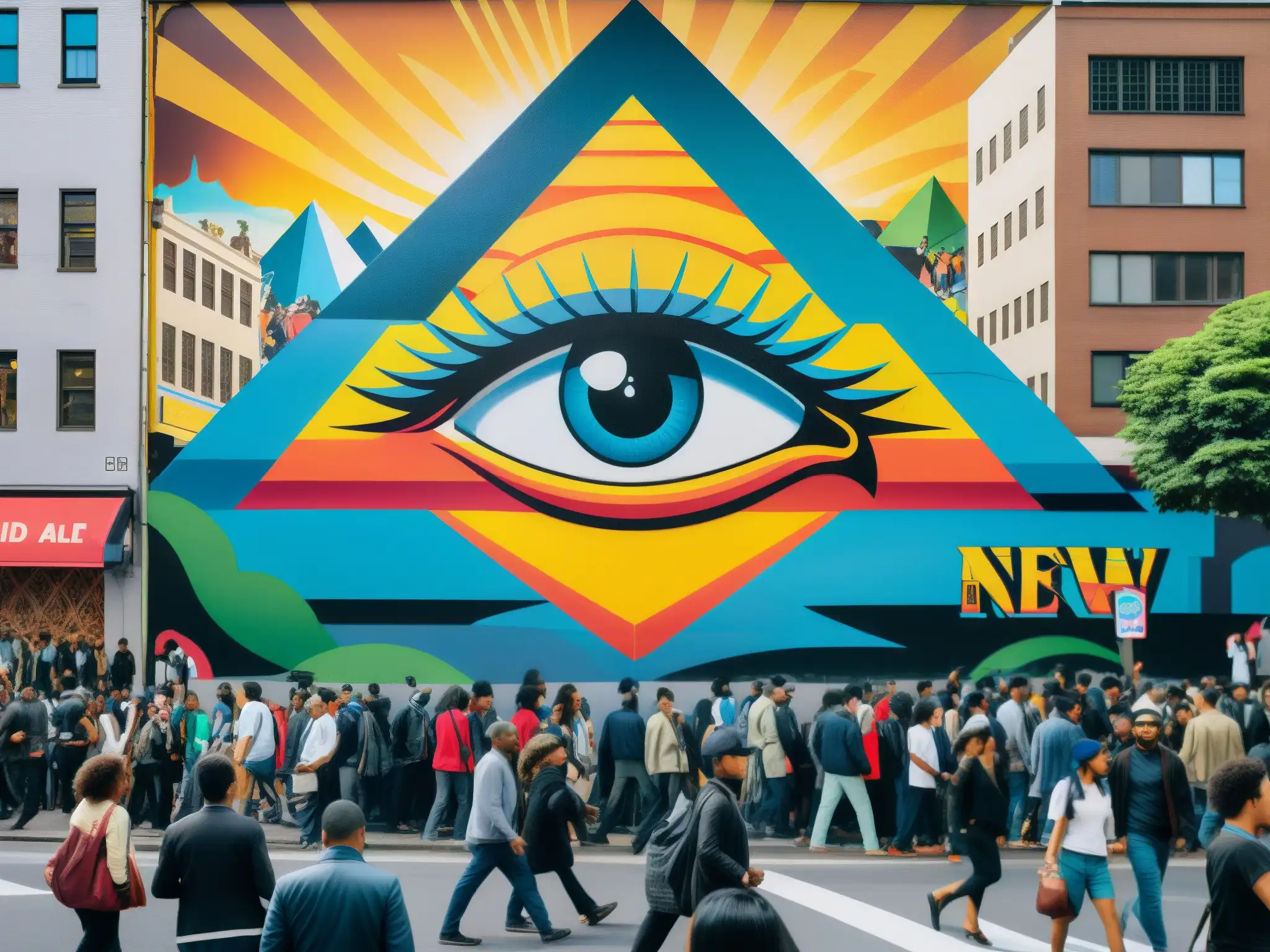 Una calle de la ciudad bulliciosa con un mural del 'Nuevo Orden Mundial análisis' y personas en su vida diaria, reflexionando sobre su influencia