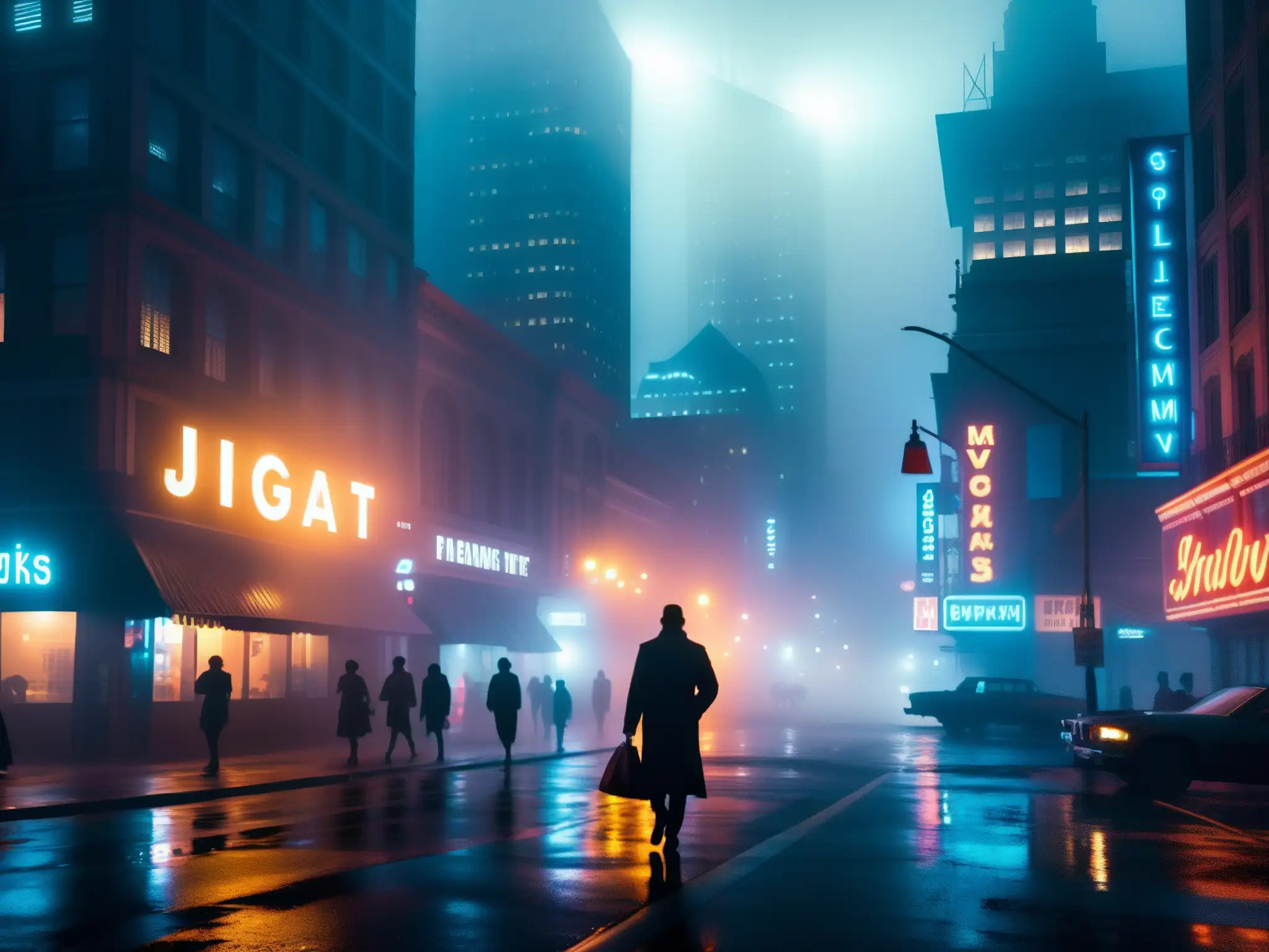 Una calle de la ciudad envuelta en niebla y supersticiones, con rascacielos en sombras