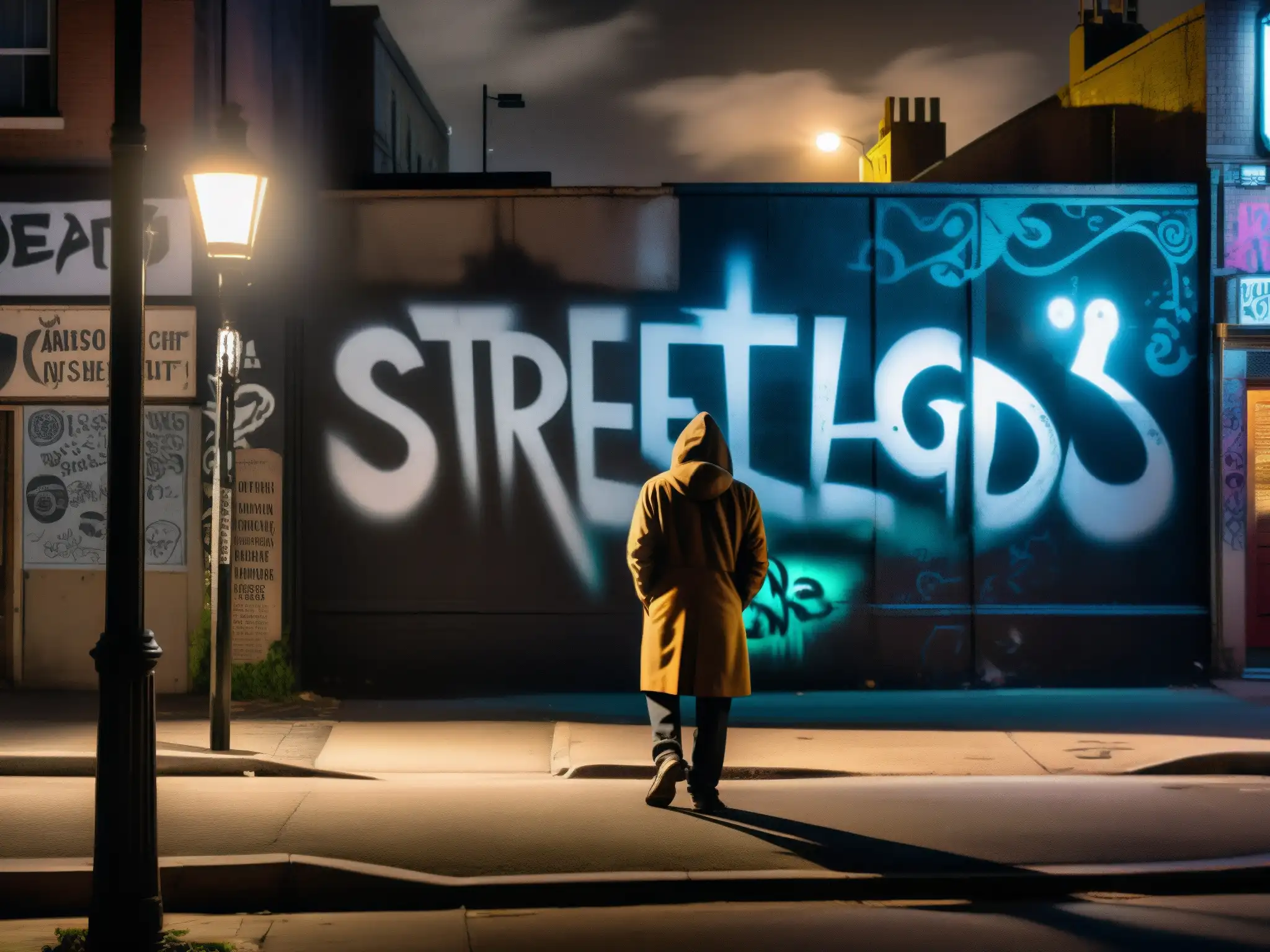 Una calle de la ciudad iluminada tenue, con una figura misteriosa bajo una farola parpadeante, rodeada de grafitis y carteles de leyendas urbanas