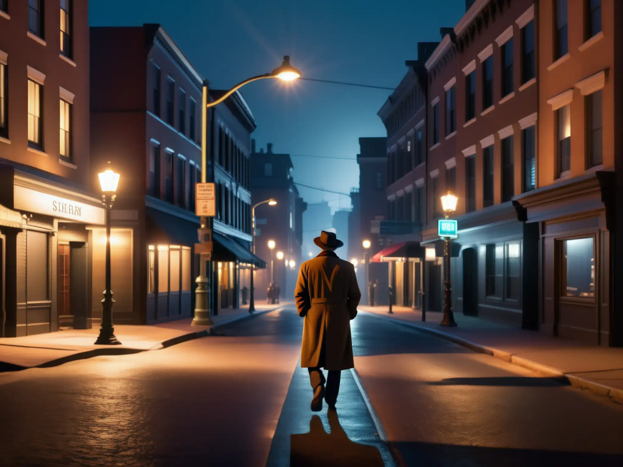 Una calle de la ciudad iluminada tenue con figuras sombrías y una luz de farola parpadeante, evocando misterio y suspenso